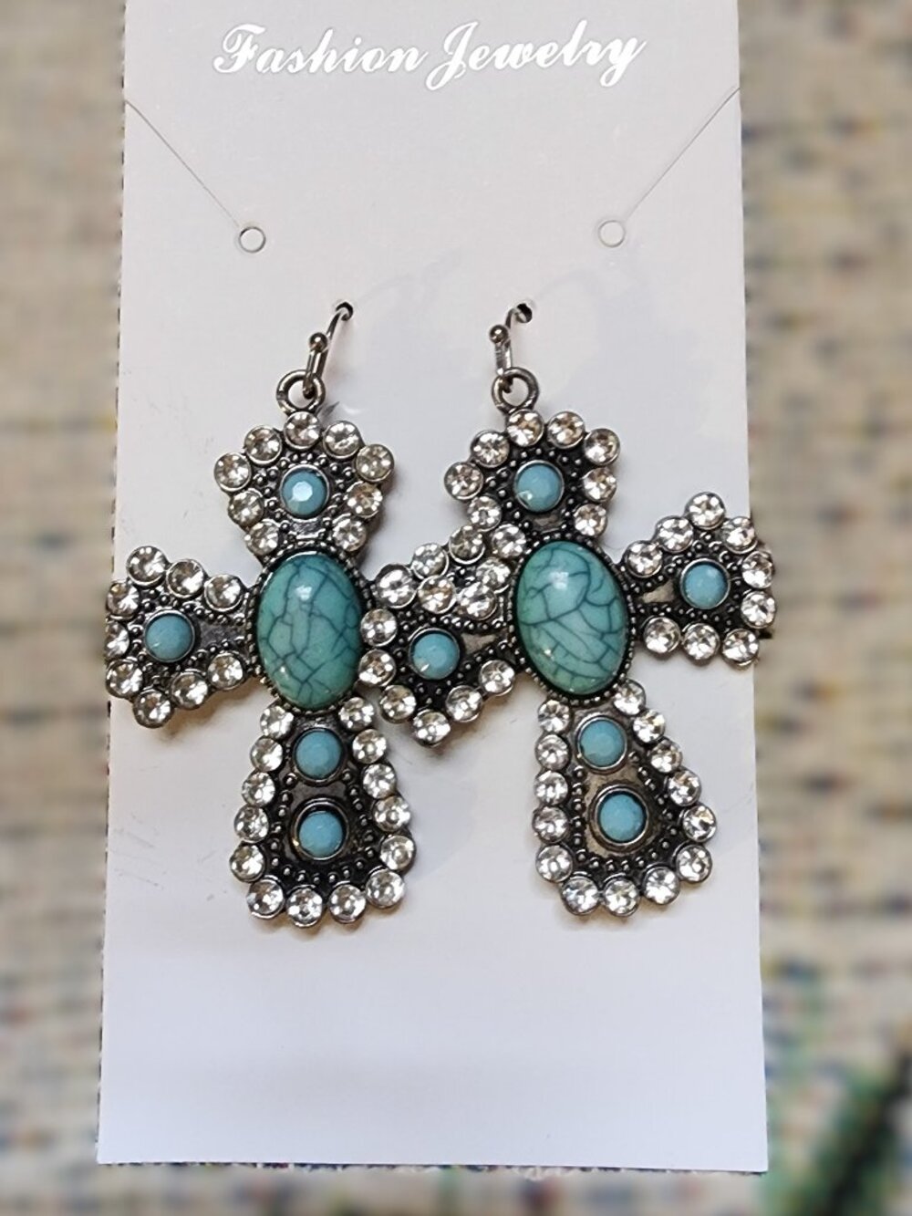 Vintage Style Turquoise and Rhinestone Cross Drop Earrings
